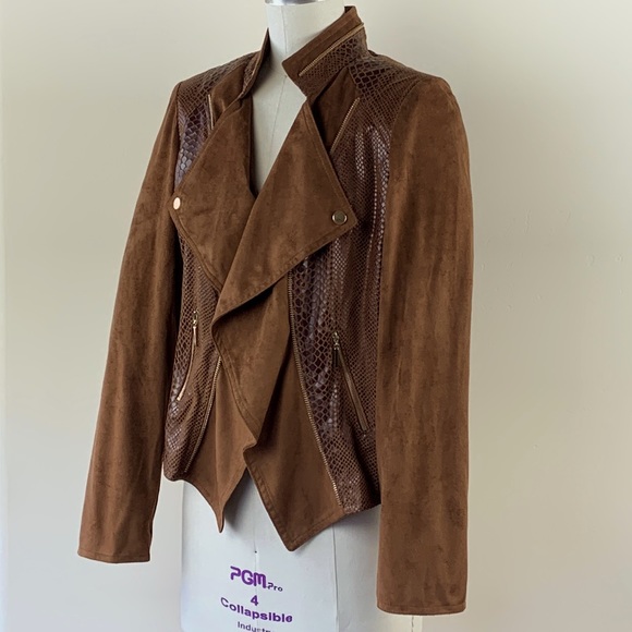 Extenzo Paris NWOT Vegan Faux Brown Suede Exotic Leather Jacket French Fashion - Picture 2 of 12